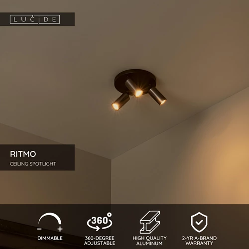 Lucide RITMO - Ceiling spotlight - Ø 18 cm - 3xGU10 (MR11) - Coffee - USP